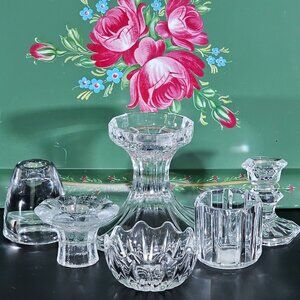 vtg assorted cut crystal candle holders lot/6 votive taper glass holders wedding